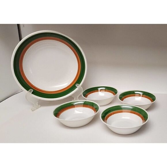 5PC Neiman Marcus Green Orange Stripe Soup & Serving Bowls - Picture 2 of 8